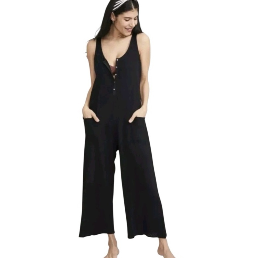 Entro Black Linen Jumpsuit Bows Sleeves Pockets Casual Wide Leg Size Medium